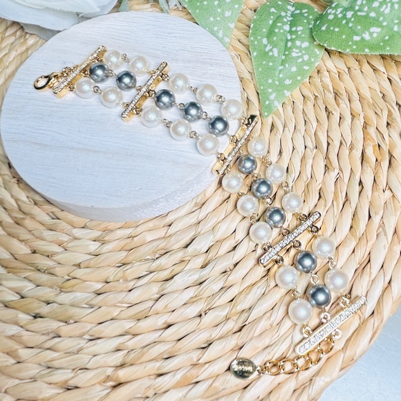 Nancy Nelson Gray and White Faux Pearl Crystal Bracelet Triple Strand - Picture 6 of 15